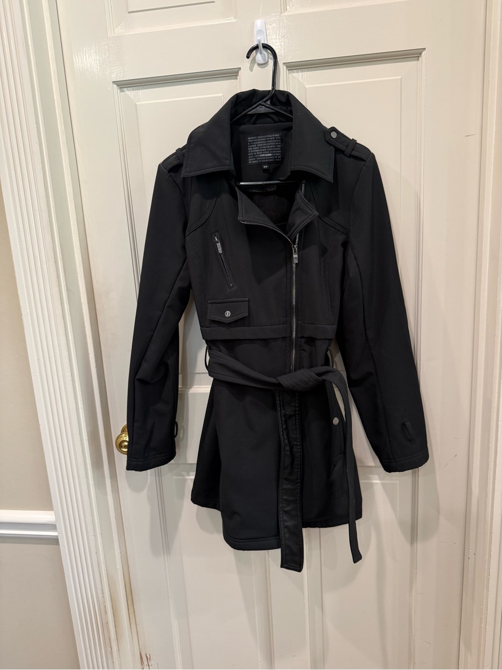 Steve Madden Classic Black Women's Trench Coat with Belt Sz Small, fleece lining